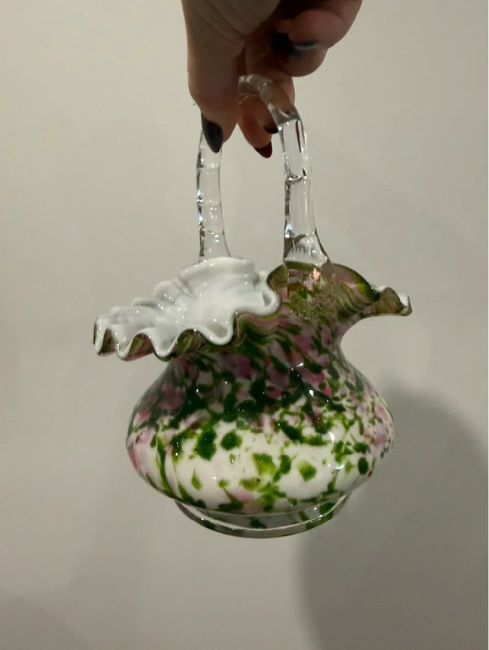 Fenton Art Glass Vasa Murrhina Rose Green Aventurine Basket Crimped Edges
